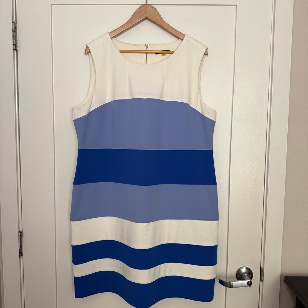 Tommy Hilfiger Sheath Dress Sz 18 Blue Striped Back Zip Stretch Nautical Career